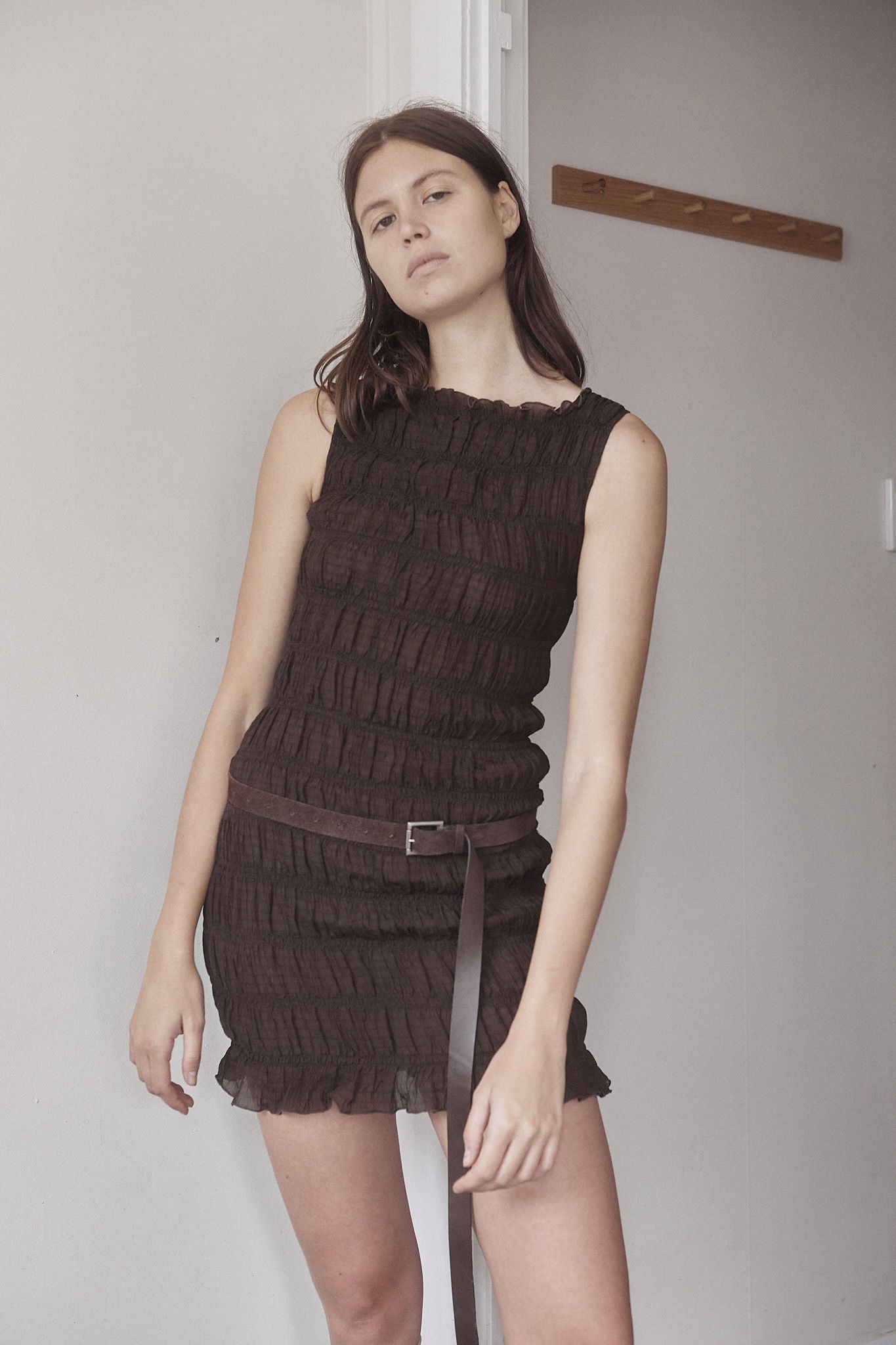 CORE Gathered Mini Dress | Cacao $339