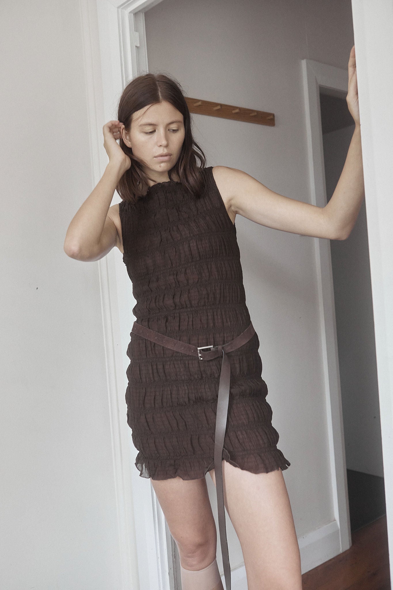 CORE Gathered Mini Dress | Cacao $339