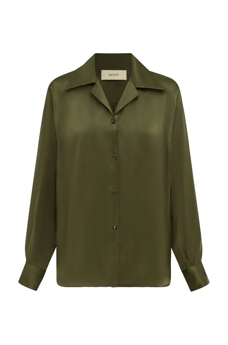 Classic Silk Shirt Satin | Olive $380