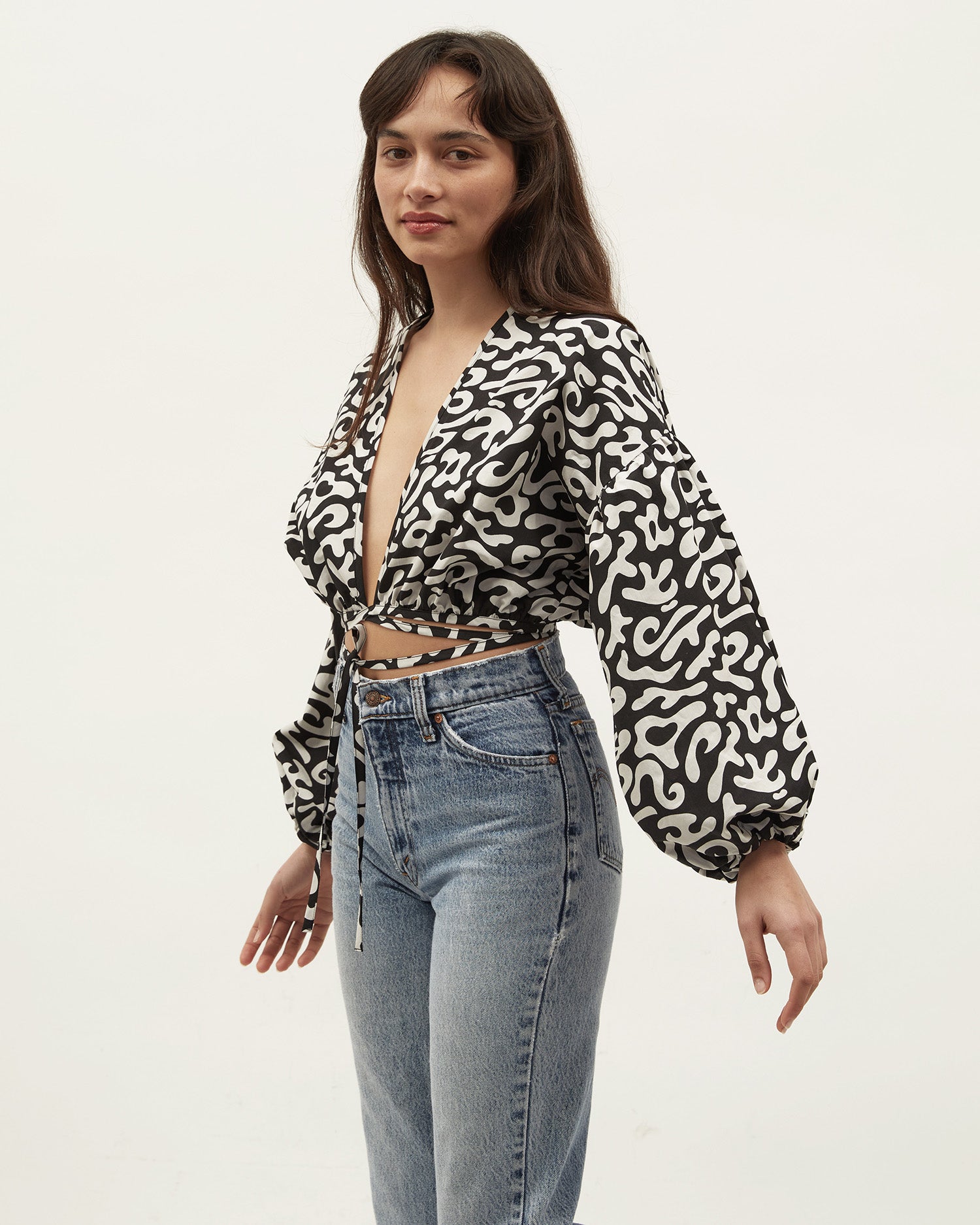 Isla Wrap Top | Squiggle Black $269