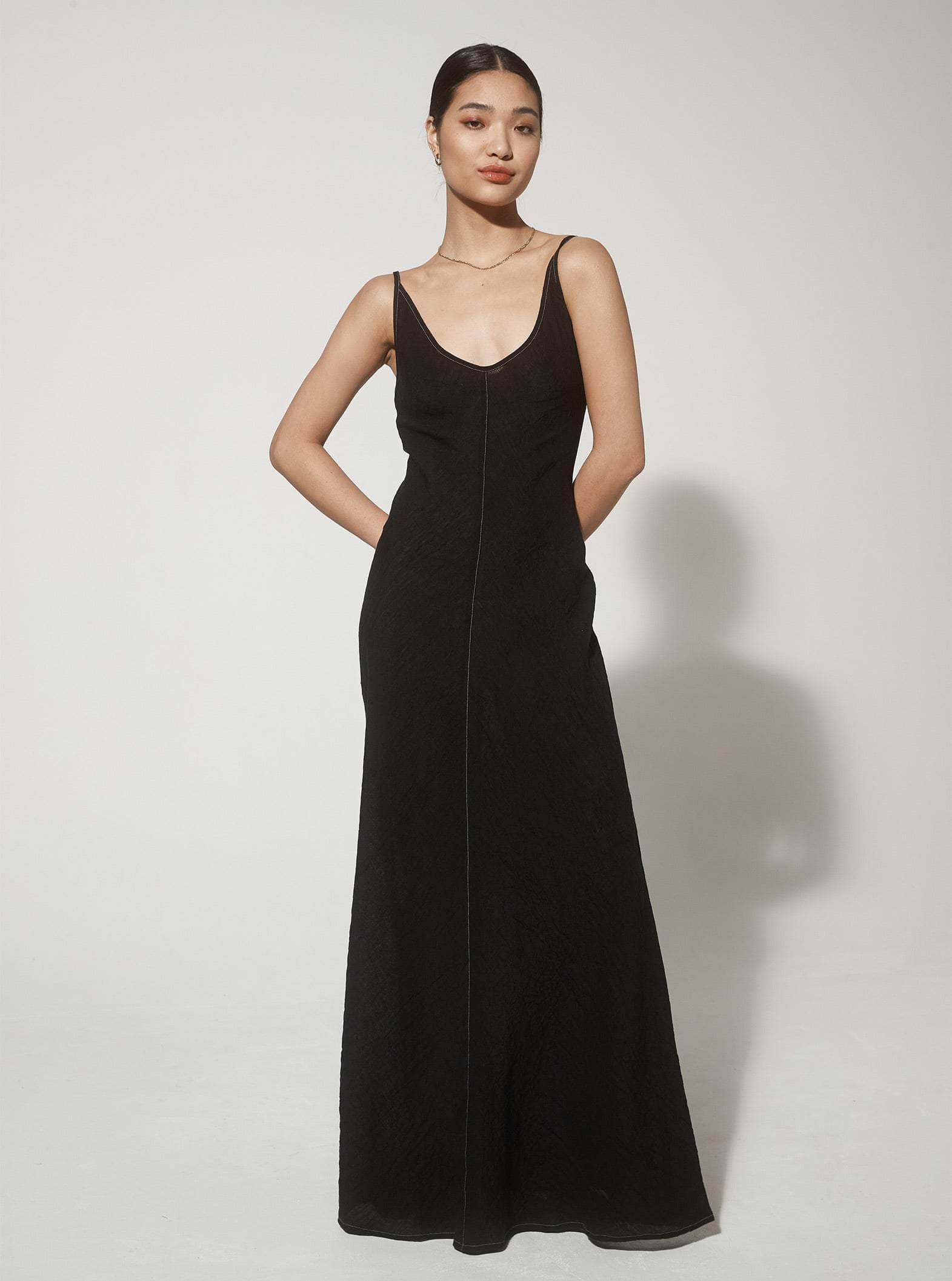 Sloane Dress | Black Contrast Stitch Linen $335