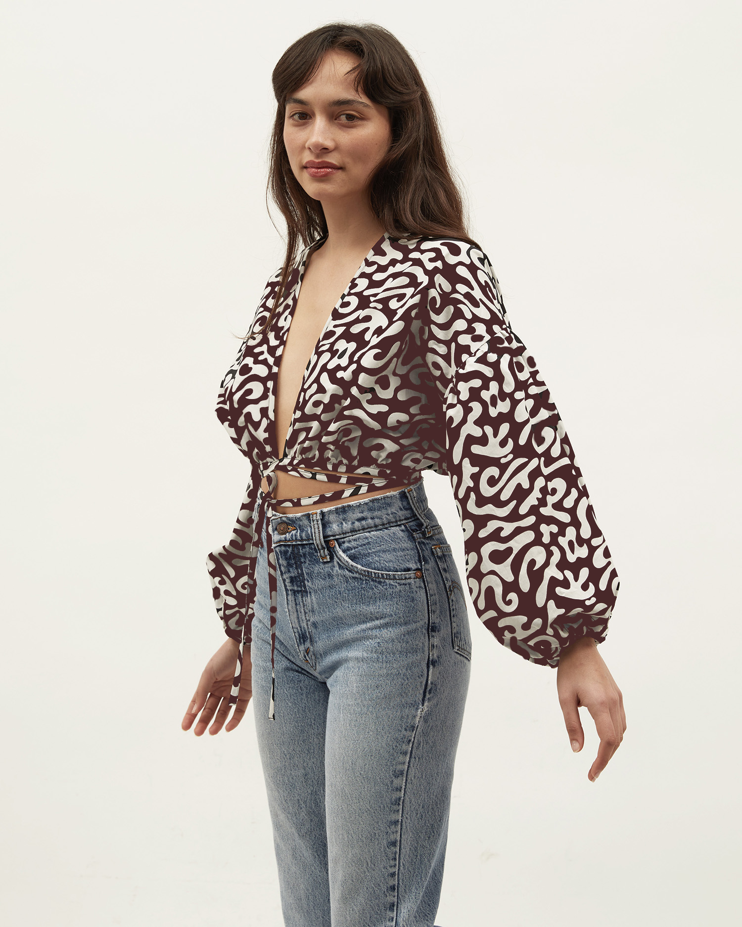 Isla Wrap Top | Squiggle Burgandy $269