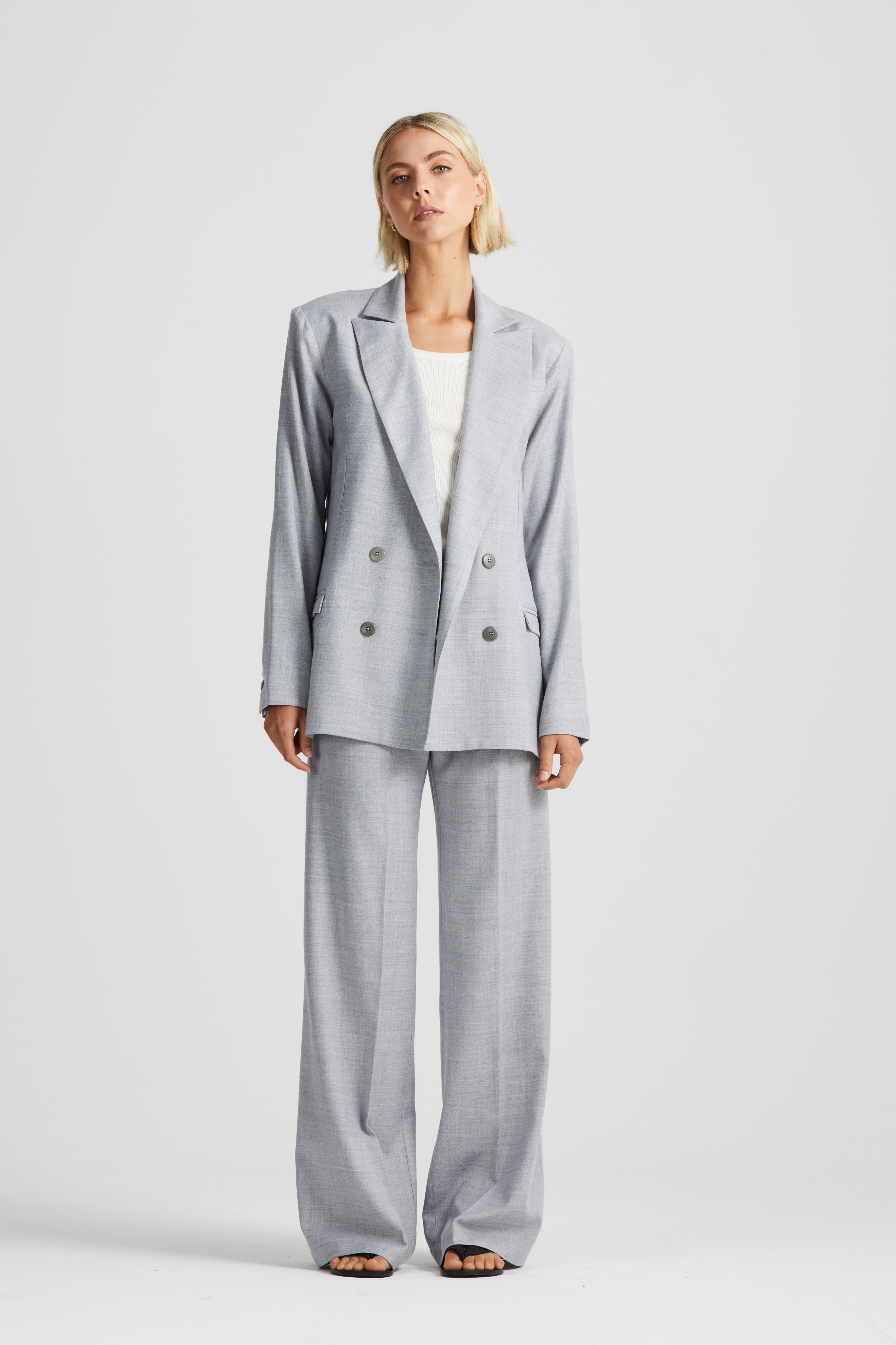 The Signature Relaxed Double-Breasted Blazer | Grey Wool Crepe $780