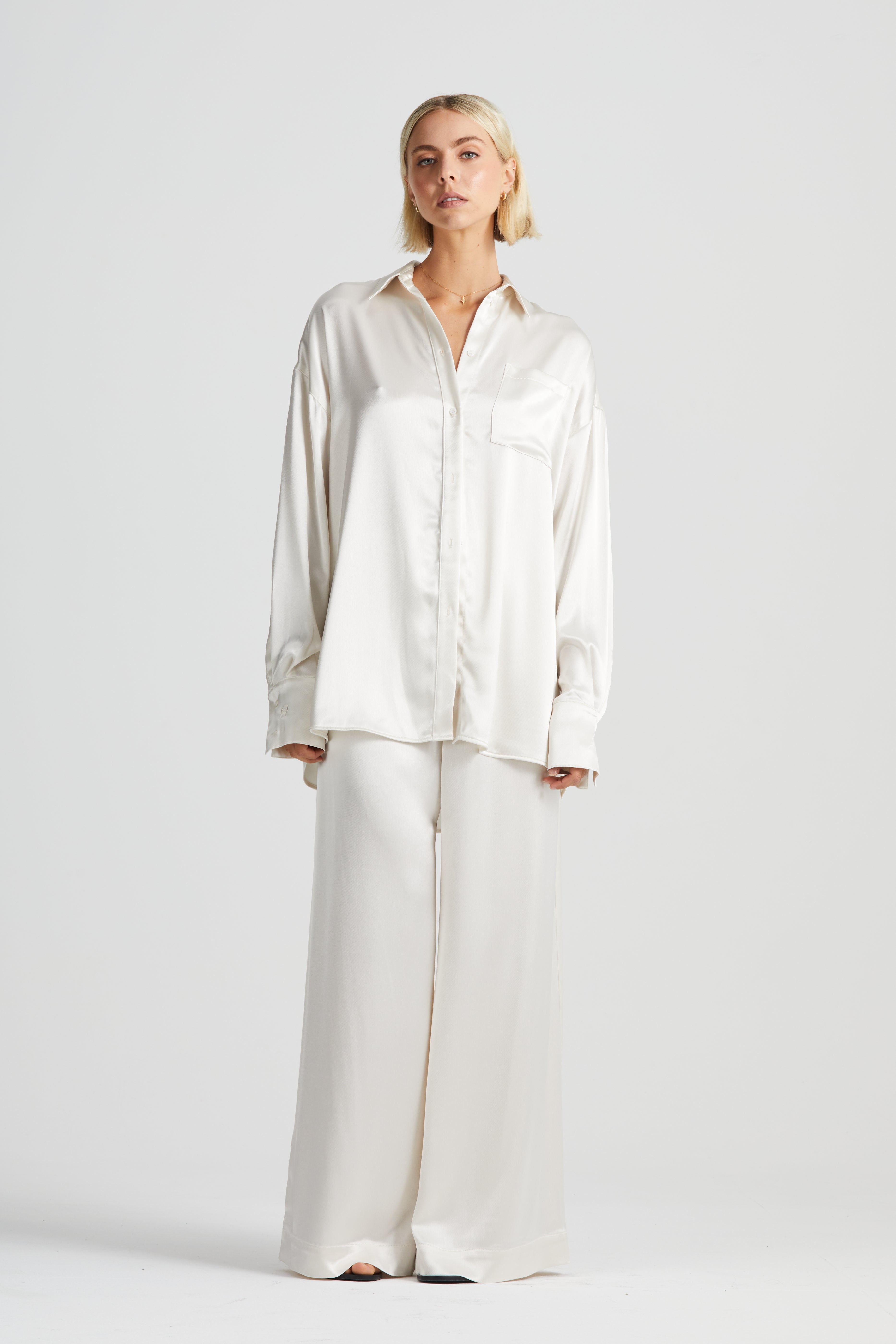 The Luxe Relaxed Monogrammed Shirt | Ivory Satin $509