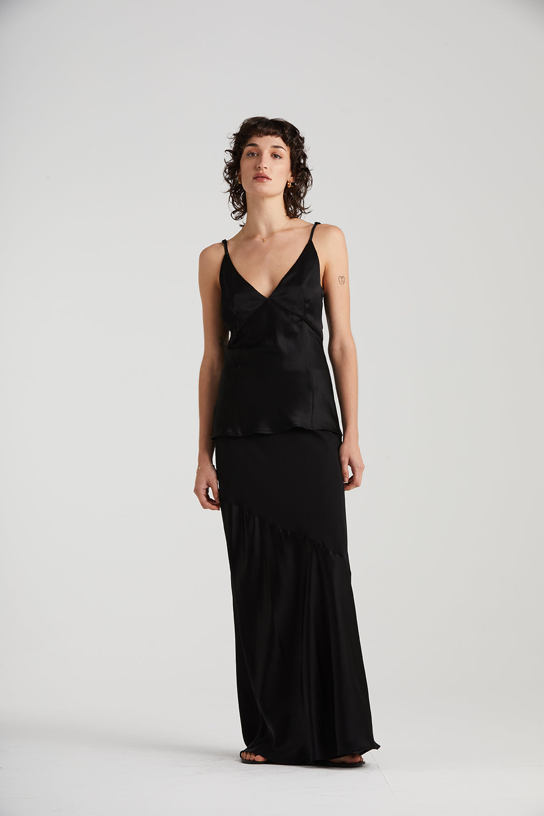 The Essential Bias Contrast Maxi Skirt | Black Satin $419