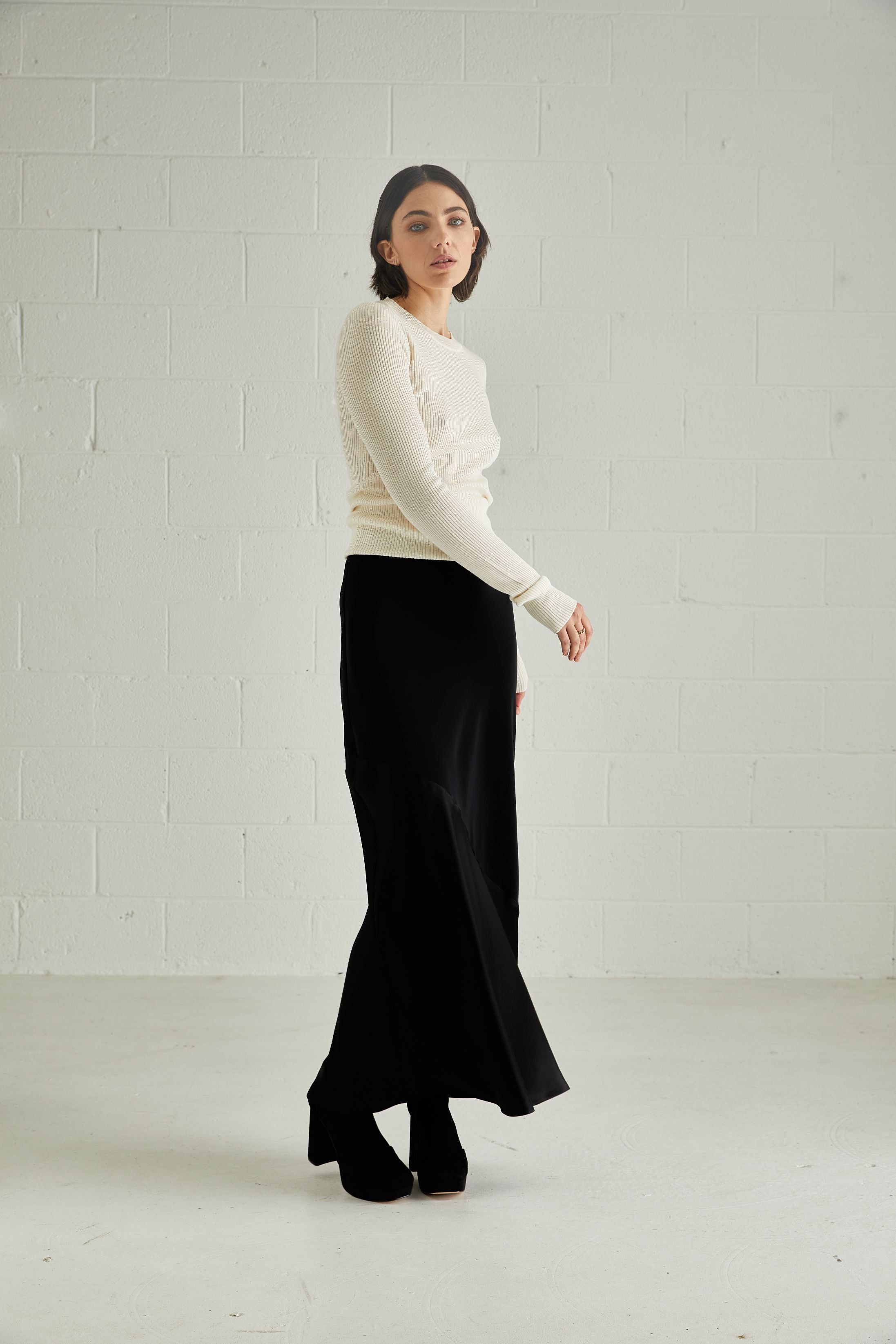 The Signature Satin 7/8 Bias Skirt | Black Satin $460