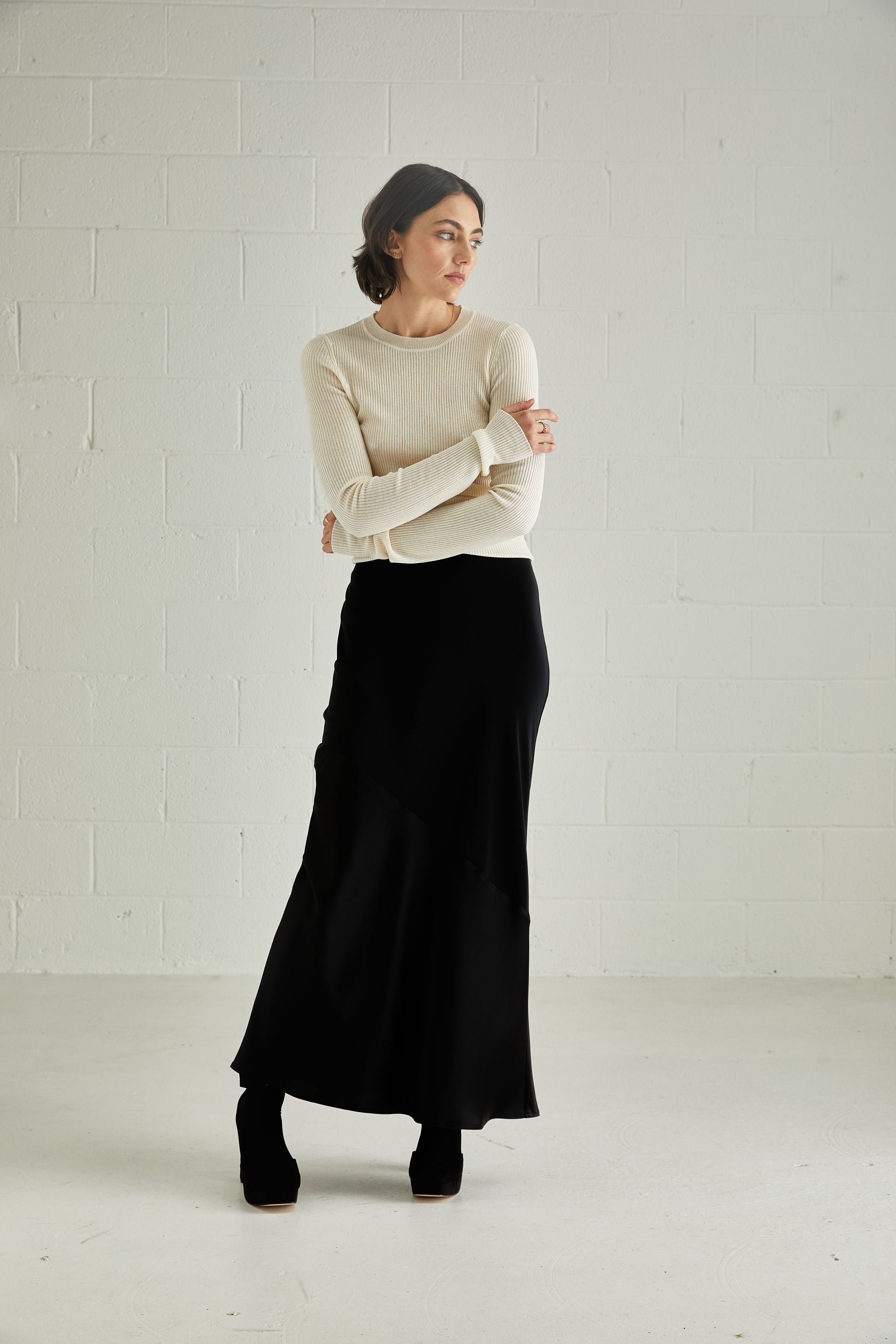 The Signature Satin 7/8 Bias Skirt | Black Satin $460