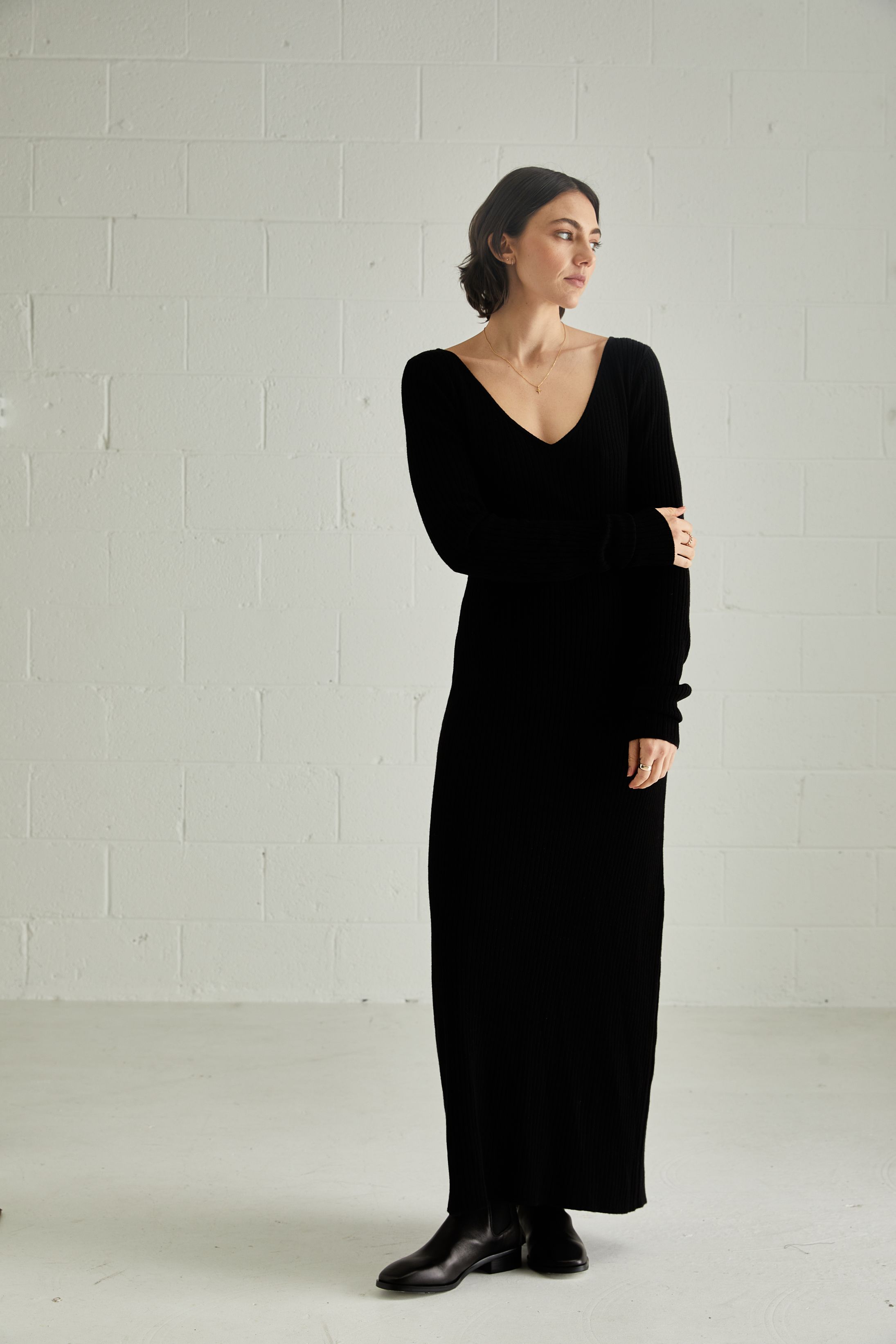 The One Necessaire Back To Front Merino Long Sleeve Knit Dress | Gravity Black $499