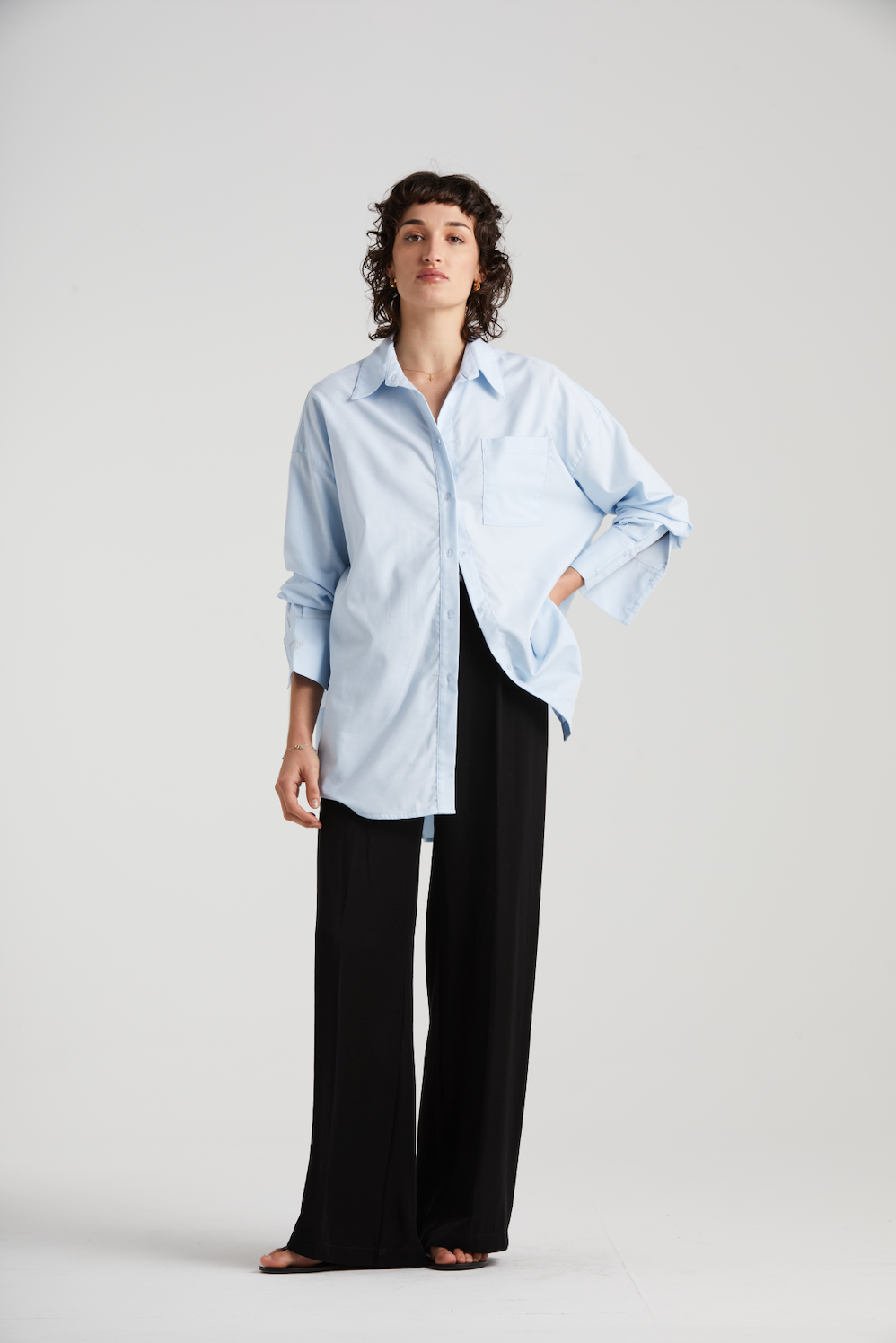 The Luxe Relaxed Monogram Silk Shirt | Blue Oxford Shirting $449