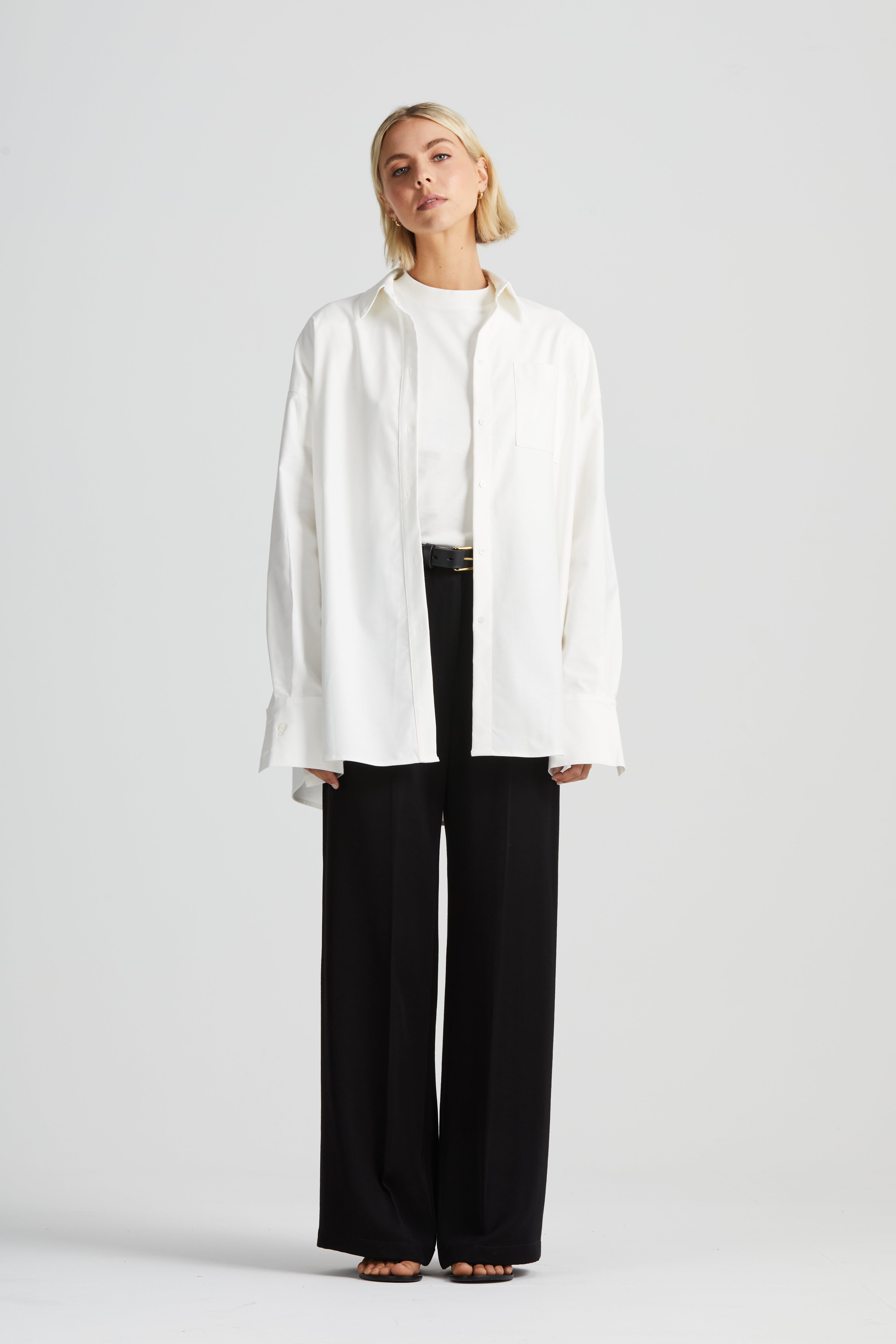 The Luxe Relaxed Monogram Silk Shirt | White Twill Cotton $449