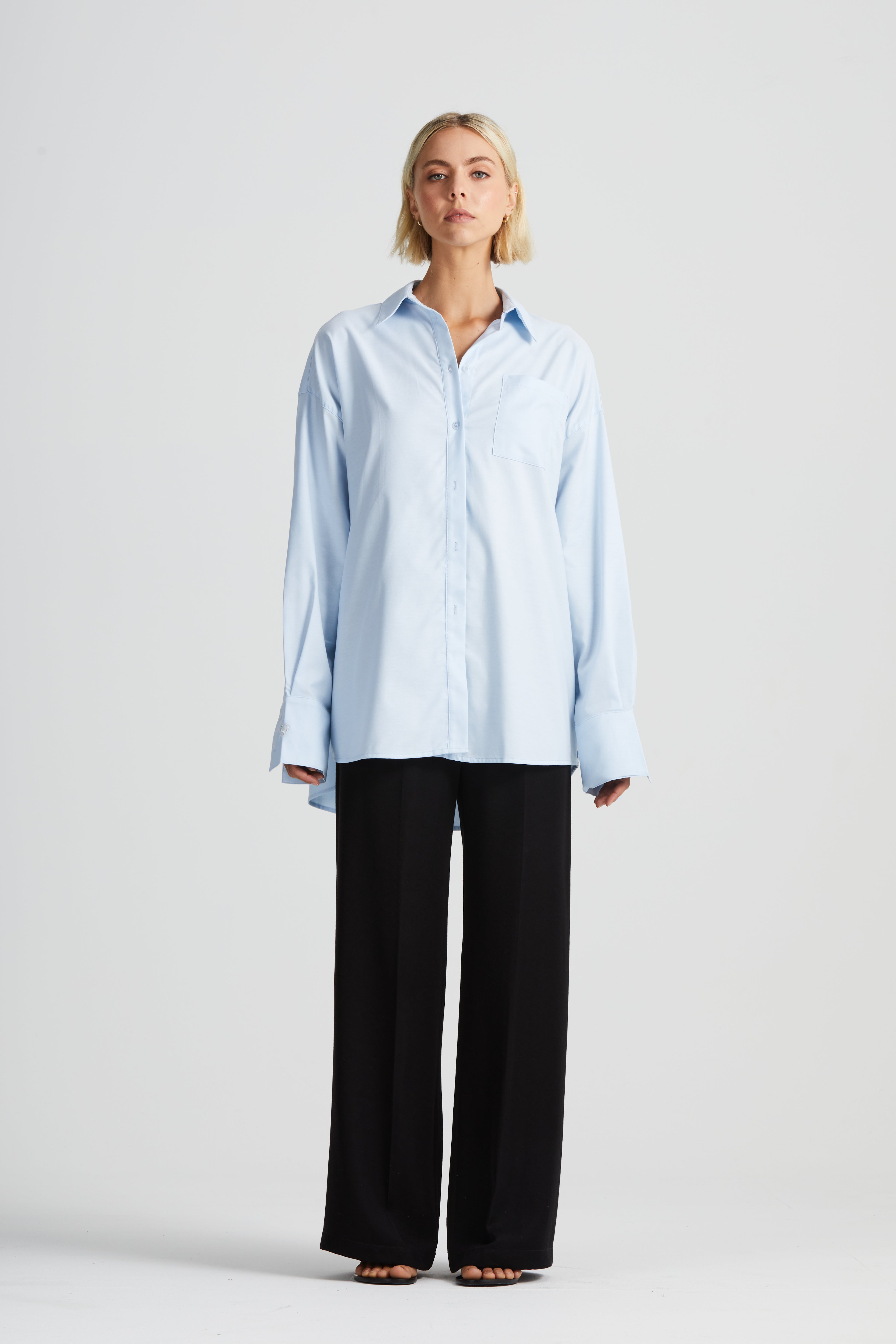 The Luxe Relaxed Monogram Silk Shirt | Blue Oxford Shirting $449