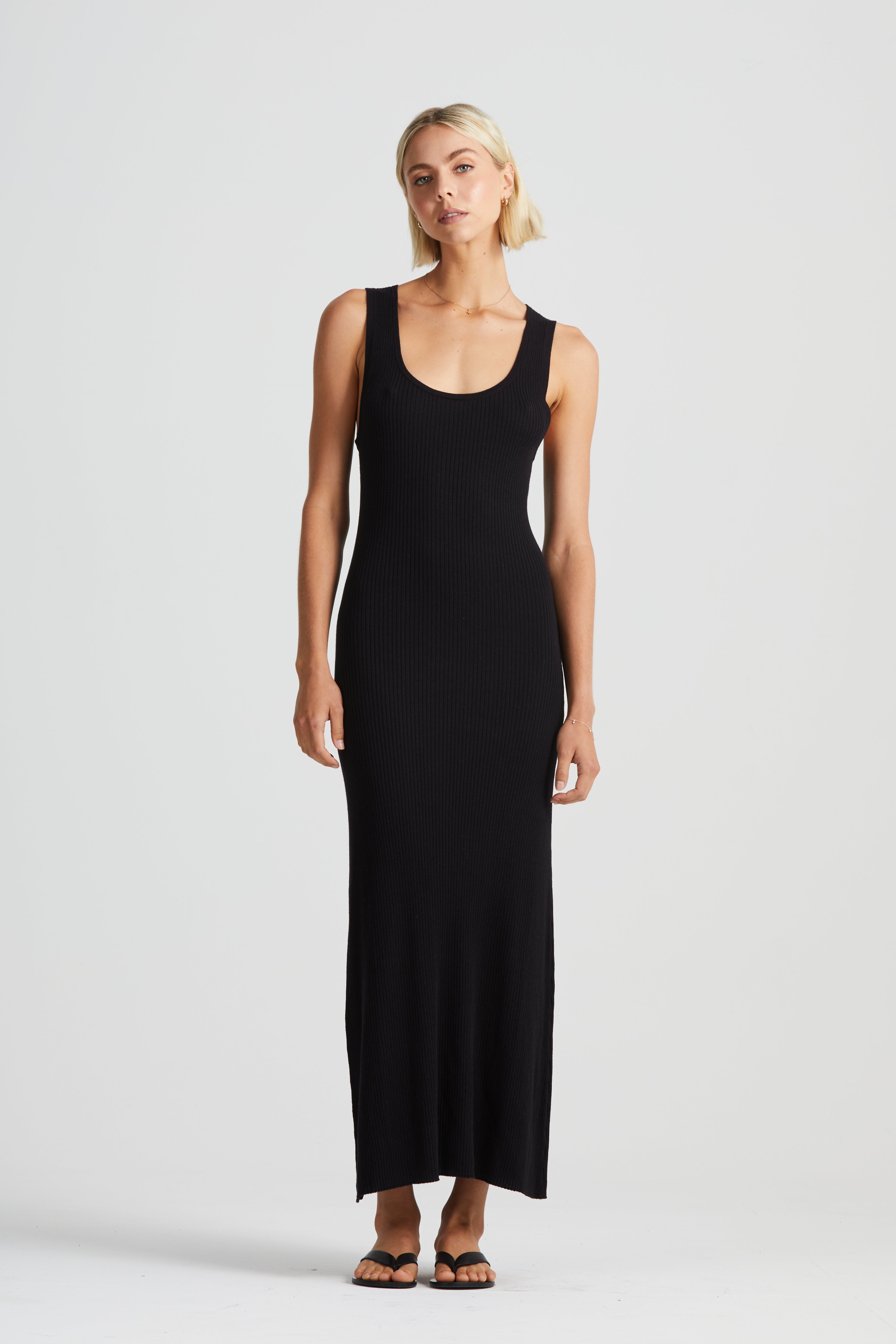 The Linear Sleeveless Knit Dress | Black $360
