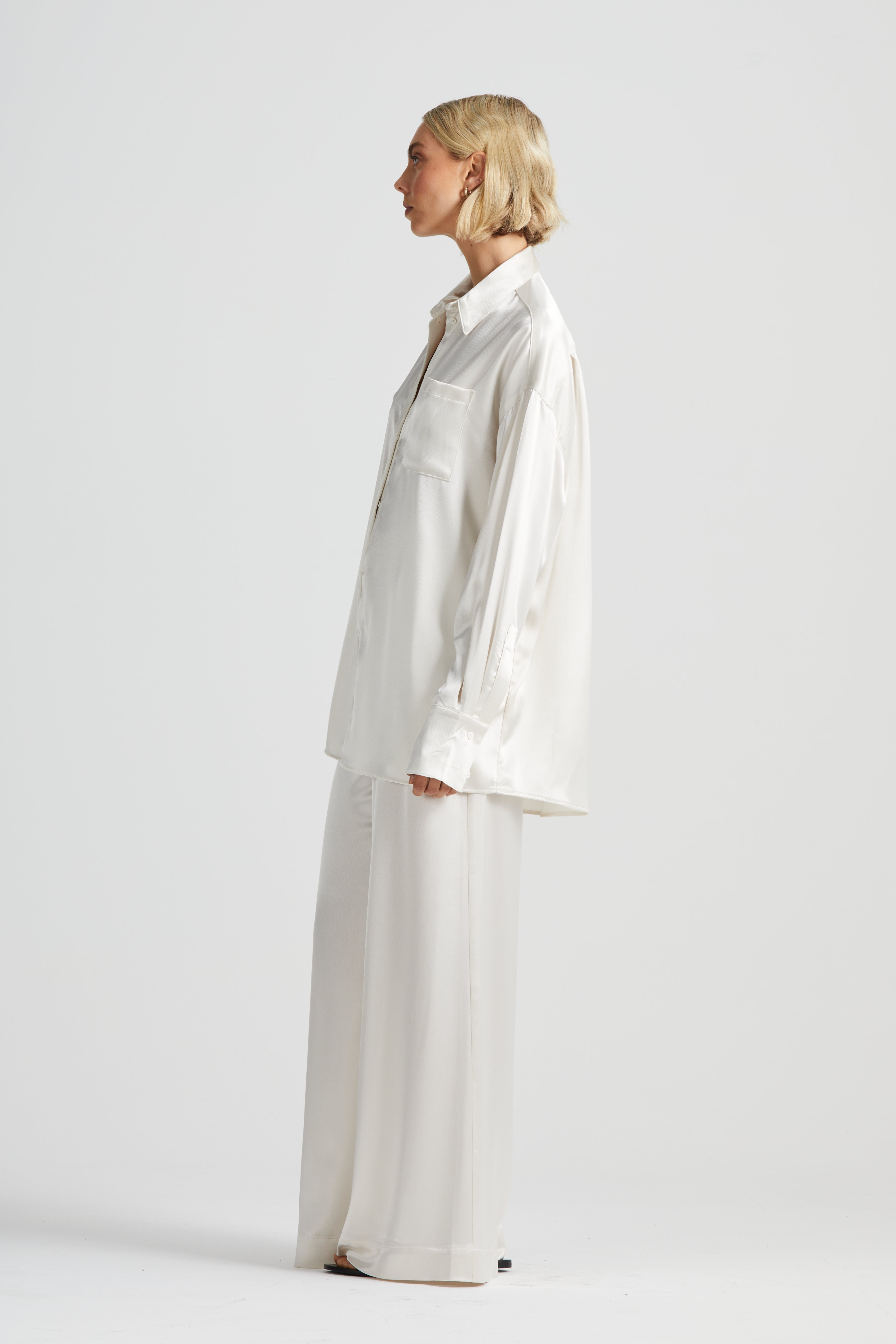 The Luxe Relaxed Monogram Silk Shirt | Ivory Hammered Satin $509
