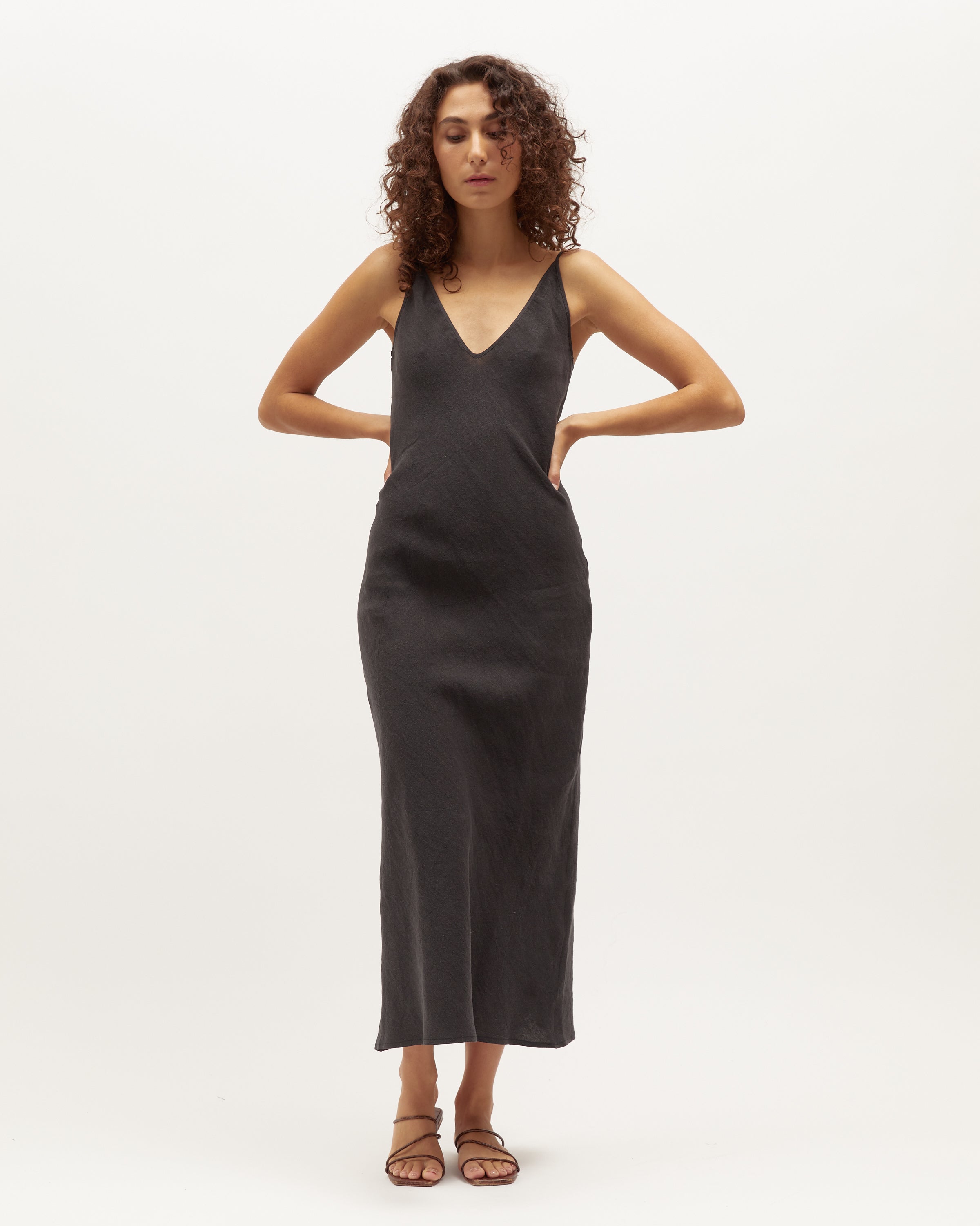 Midi Bias Dress | Black Washed Linen $289