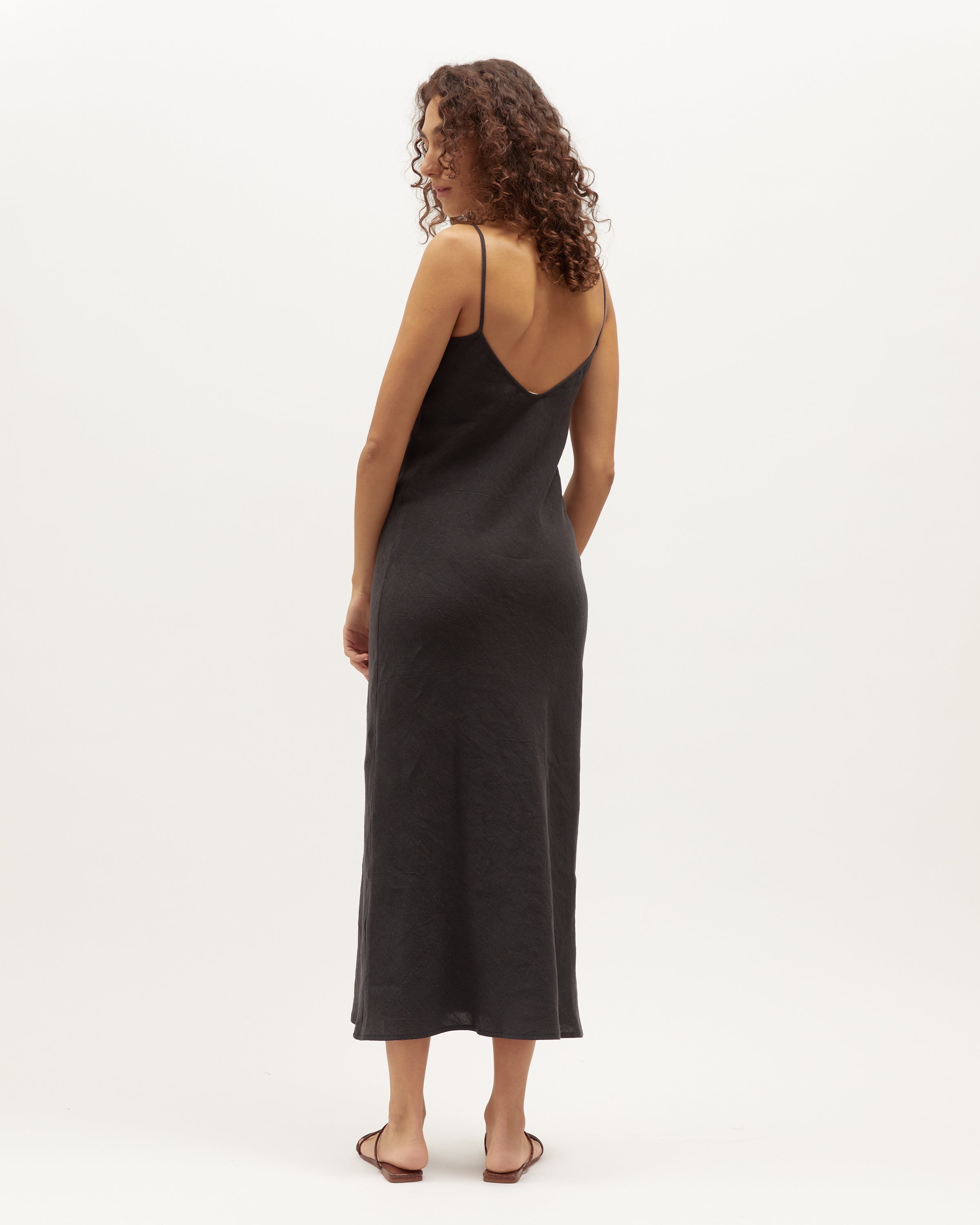 Midi Bias Dress | Black Washed Linen $289